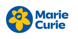 Logo symbol of a yellow flower on a blue, circle background. Logo message "Marie Curie" in blue.